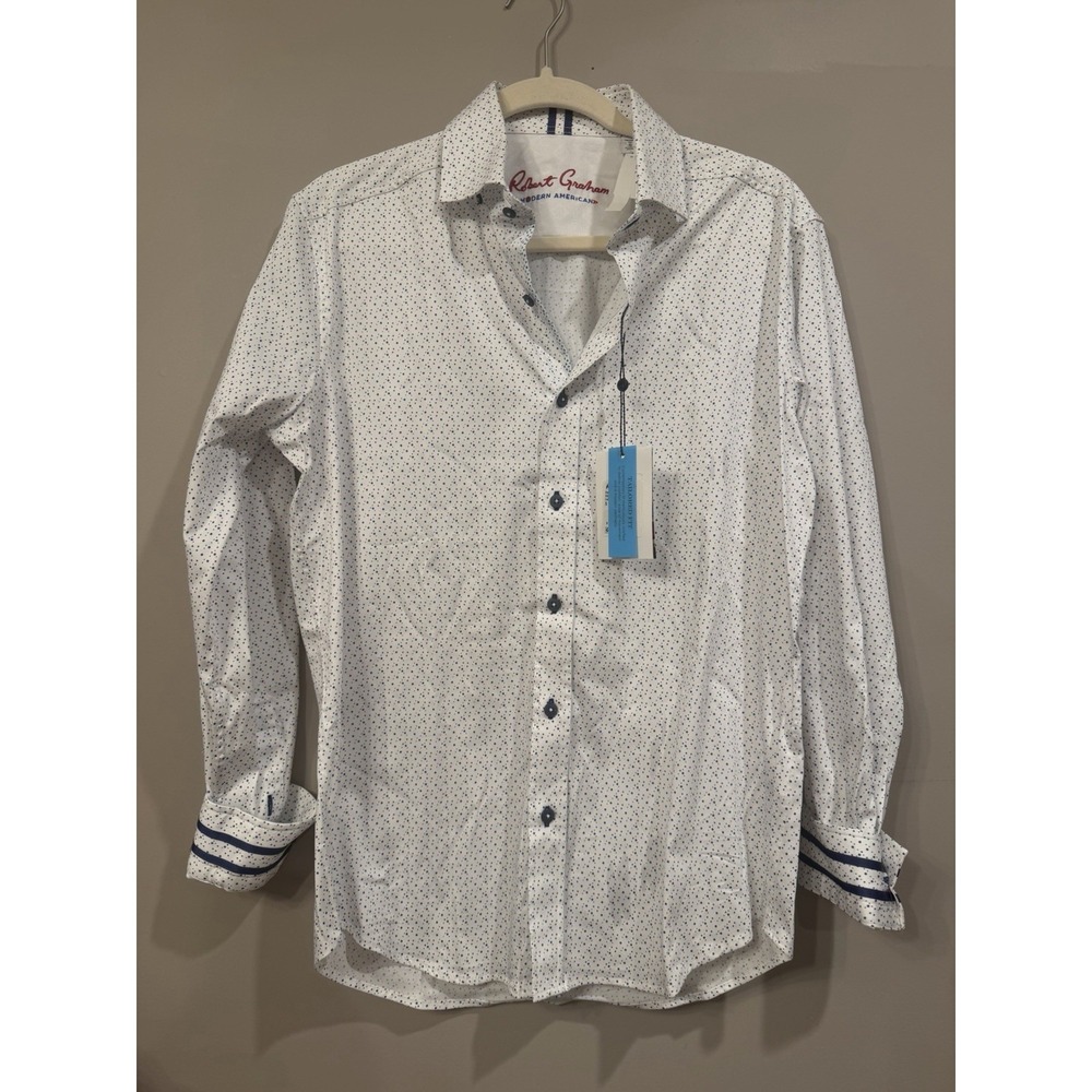 NEW‎ Robert Graham American Modern White Blue Polka Dot Small Button Up
